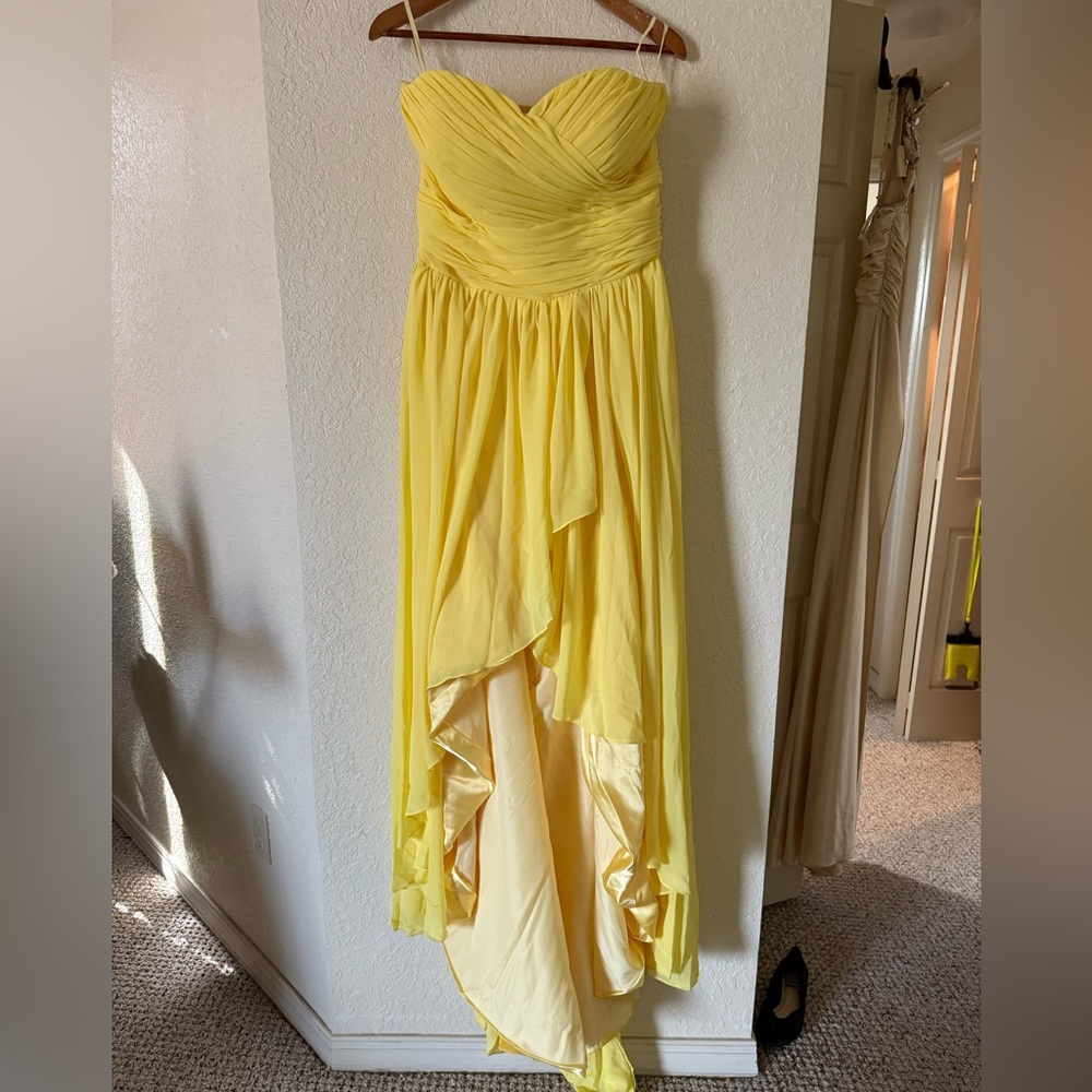 Yellow strapless, padded bridesmaid wedding dress chiffon satin train pleated